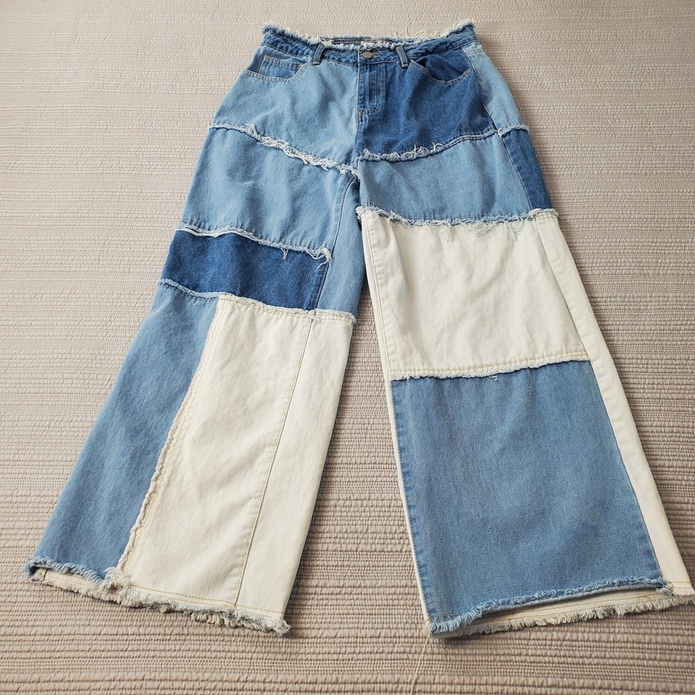 Unbranded Patchwork Wide Leg Jeans Multi Tone Blue Cream Raw Hem 29x27.5
